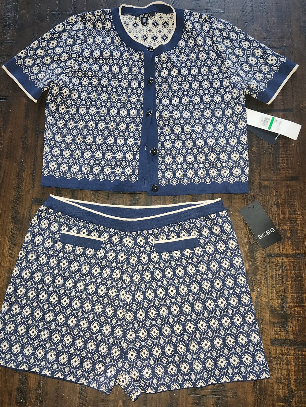 BCBG: Navy and White Short Sleeve Knit Short Set